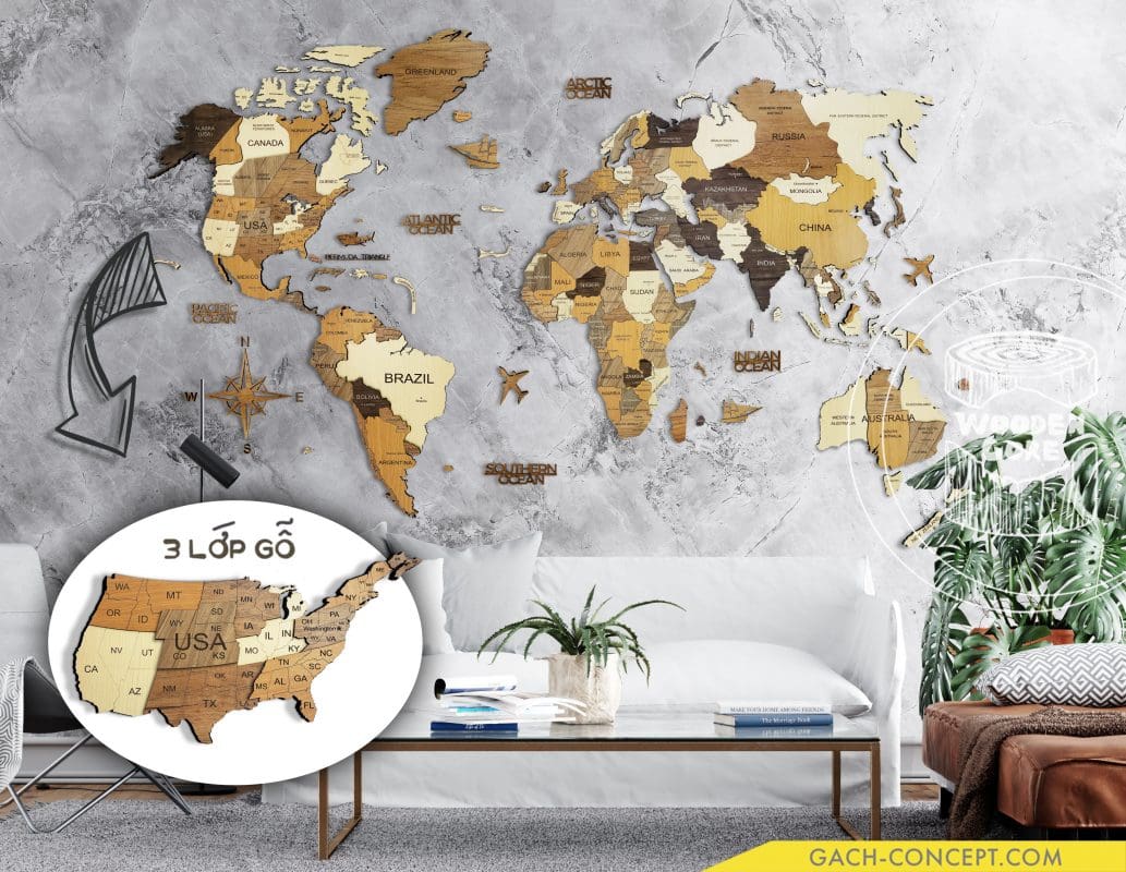 Bản Đồ Thế Giới Bằng Gỗ 3D - Wooden World Maps 3D